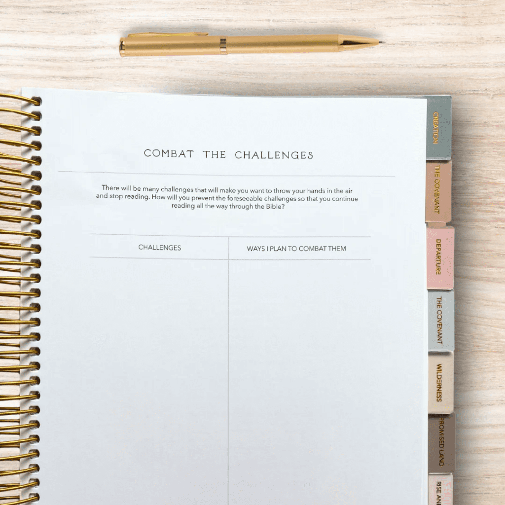 Bible journal page designed to help you write down Bible takeaways and overcome reading challenges, featuring a “Combat the Challenges” chart and a gold pen on a wooden desk.